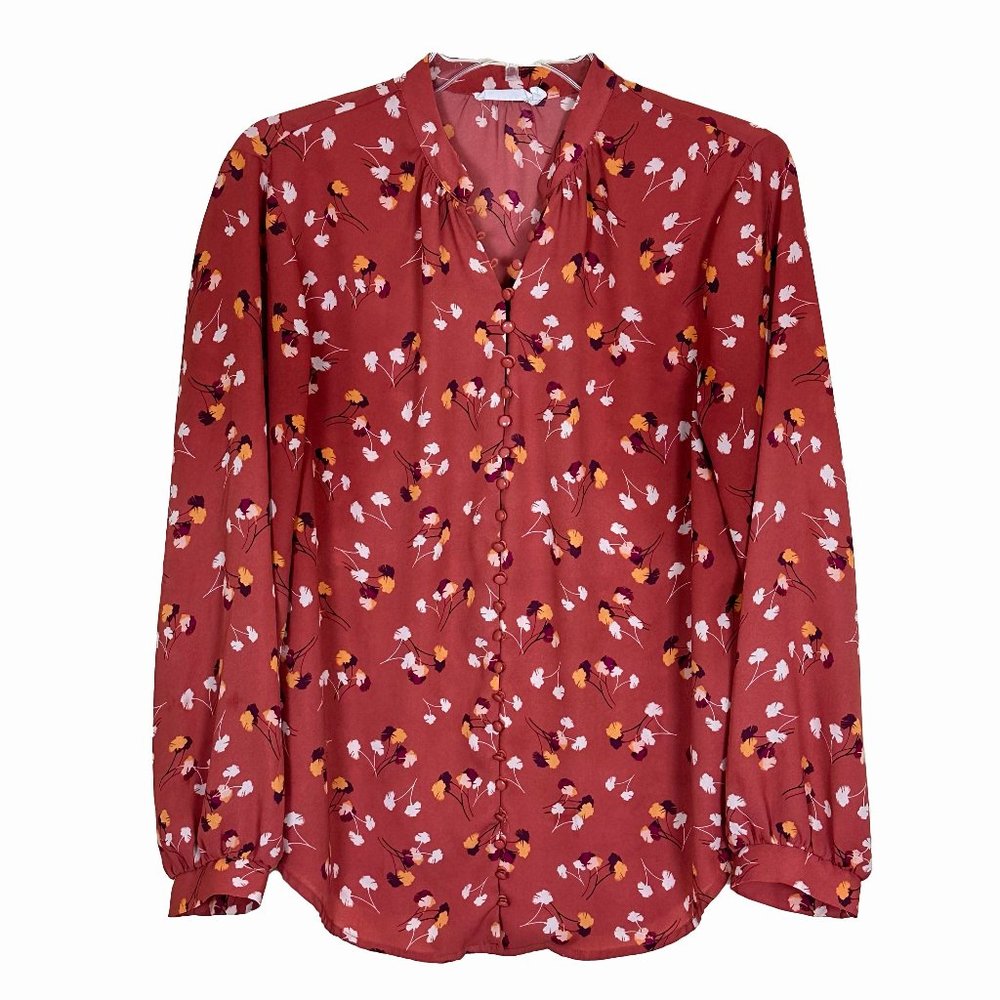 LUSH Long Sleeve Button Front Floral Print Blouse in a Terracotta color, Size M